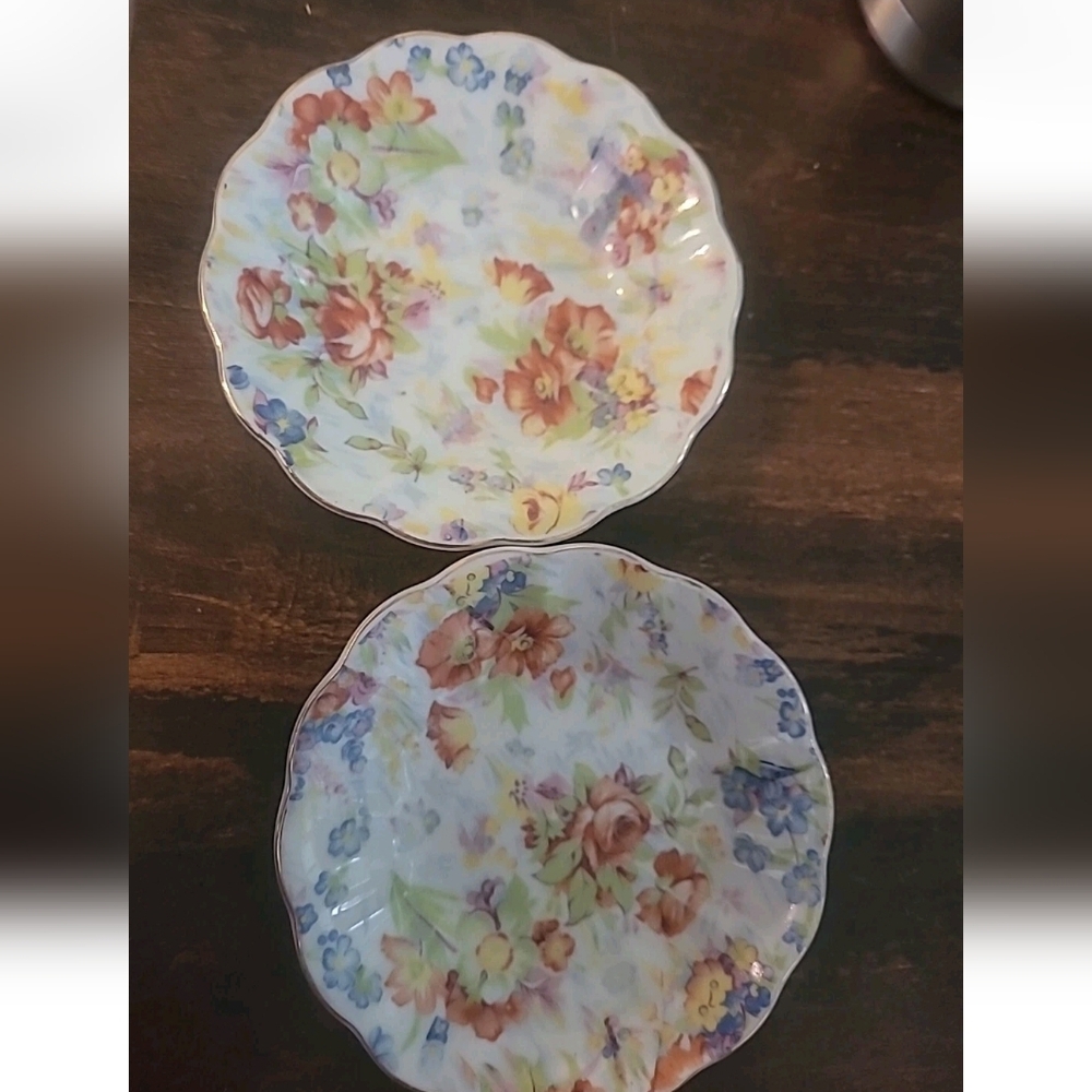 2 Vintage Merit Porcelain Painted FLORAL Design 4.5 Dish made in Occupied Japan